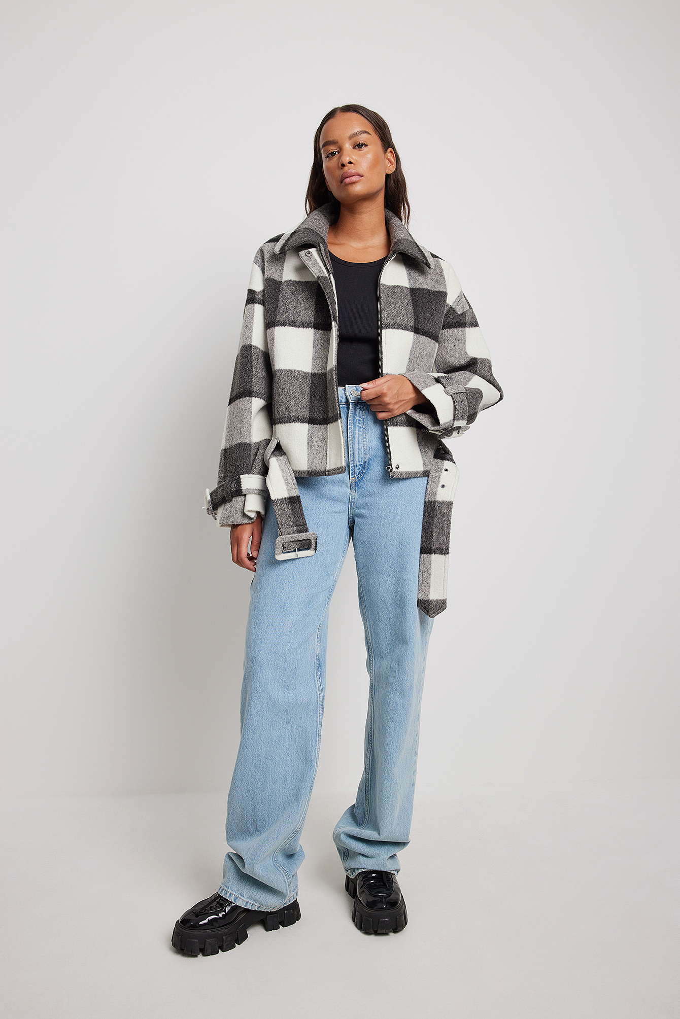Belted Short Checked Jacket Outfit