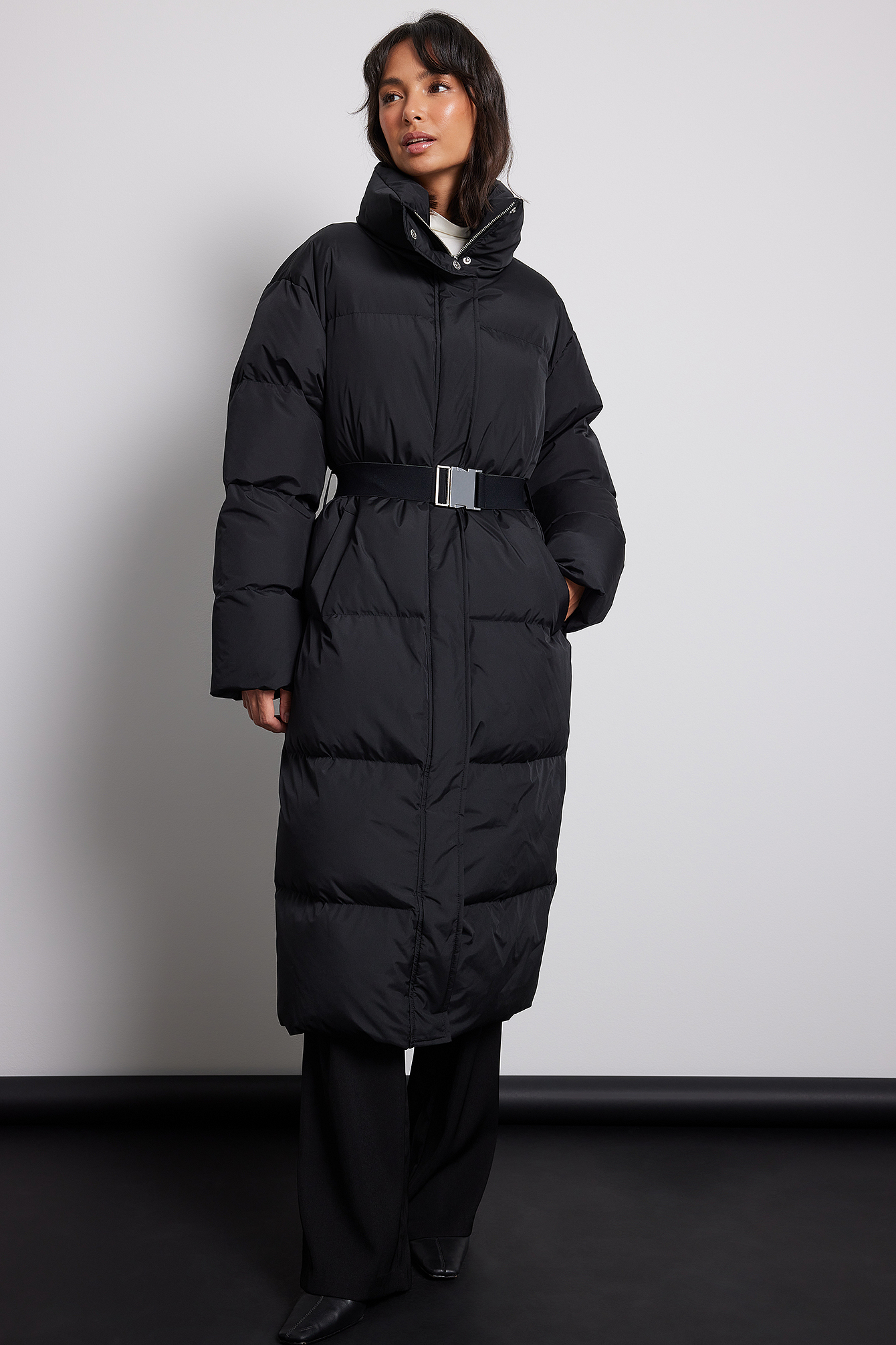 Down Blend Padded Belted Long Jacket 