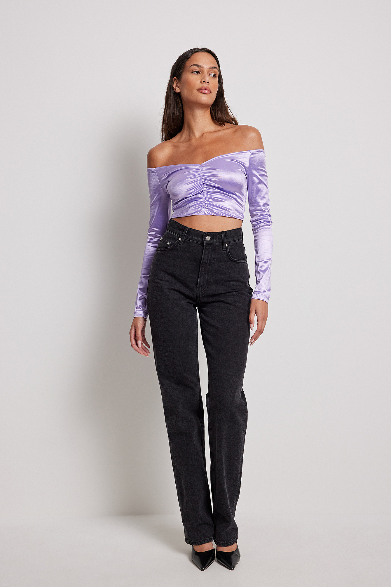 Rouched Shiny Long Sleeve Top Purple