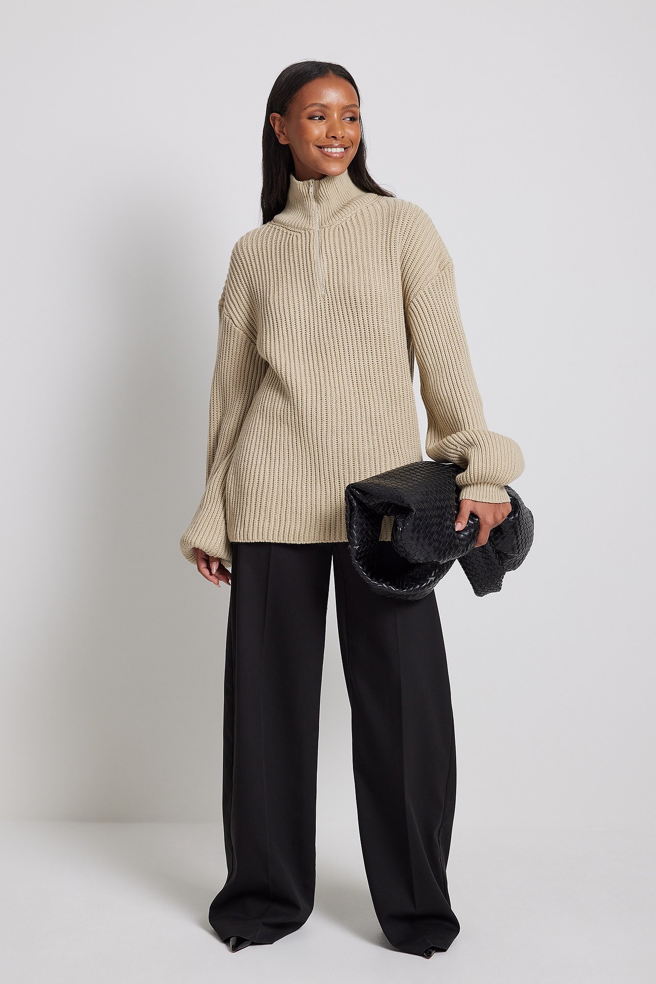High Neck Zipped Knitted Sweater Outfit