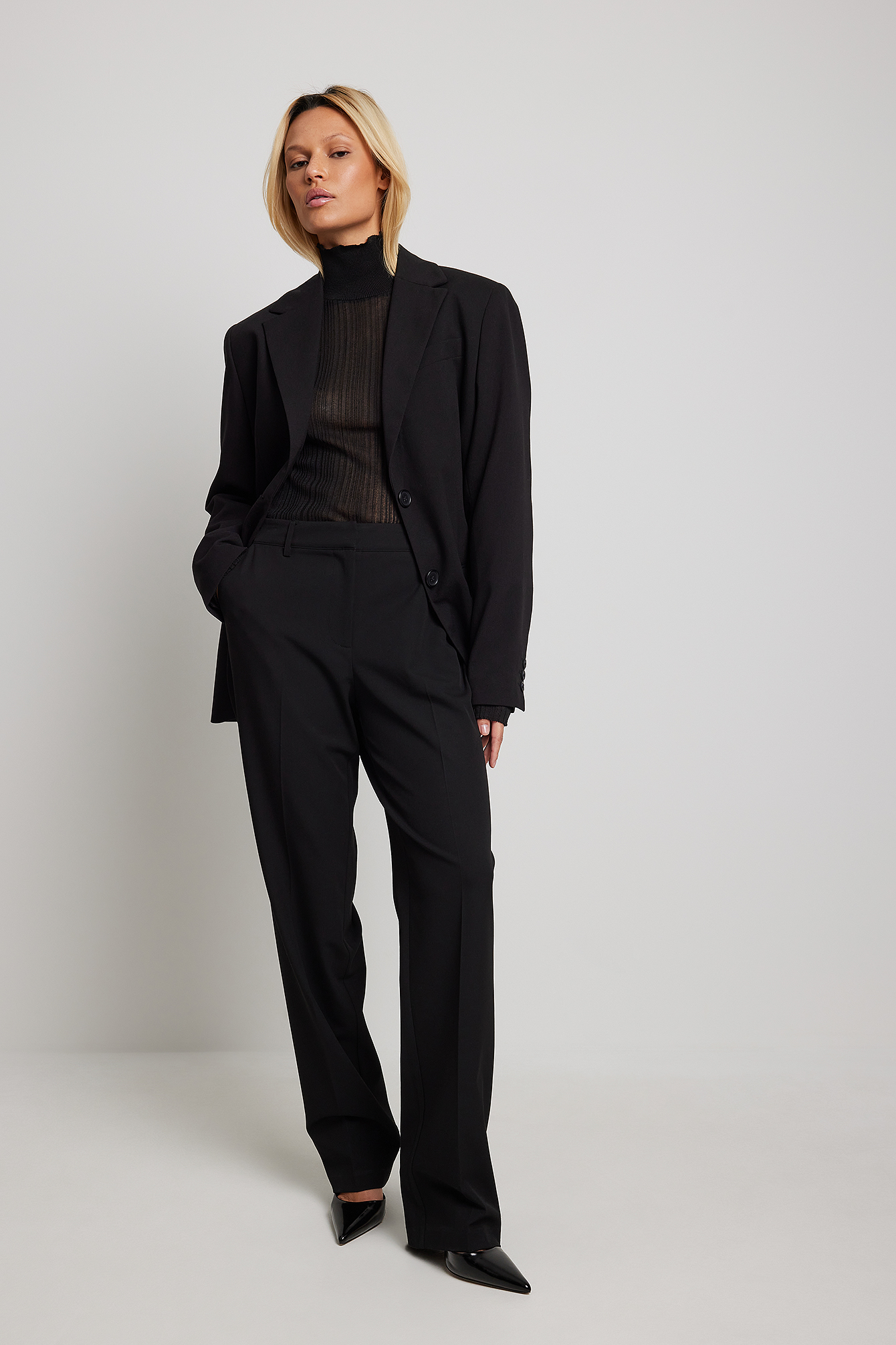 Straight Mid Waist Suit Pants Outfit.