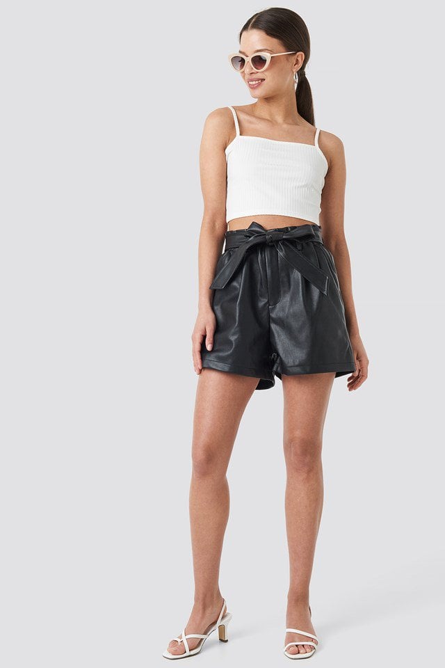 PU Paper Bag Waist Belted Shorts Outfit.