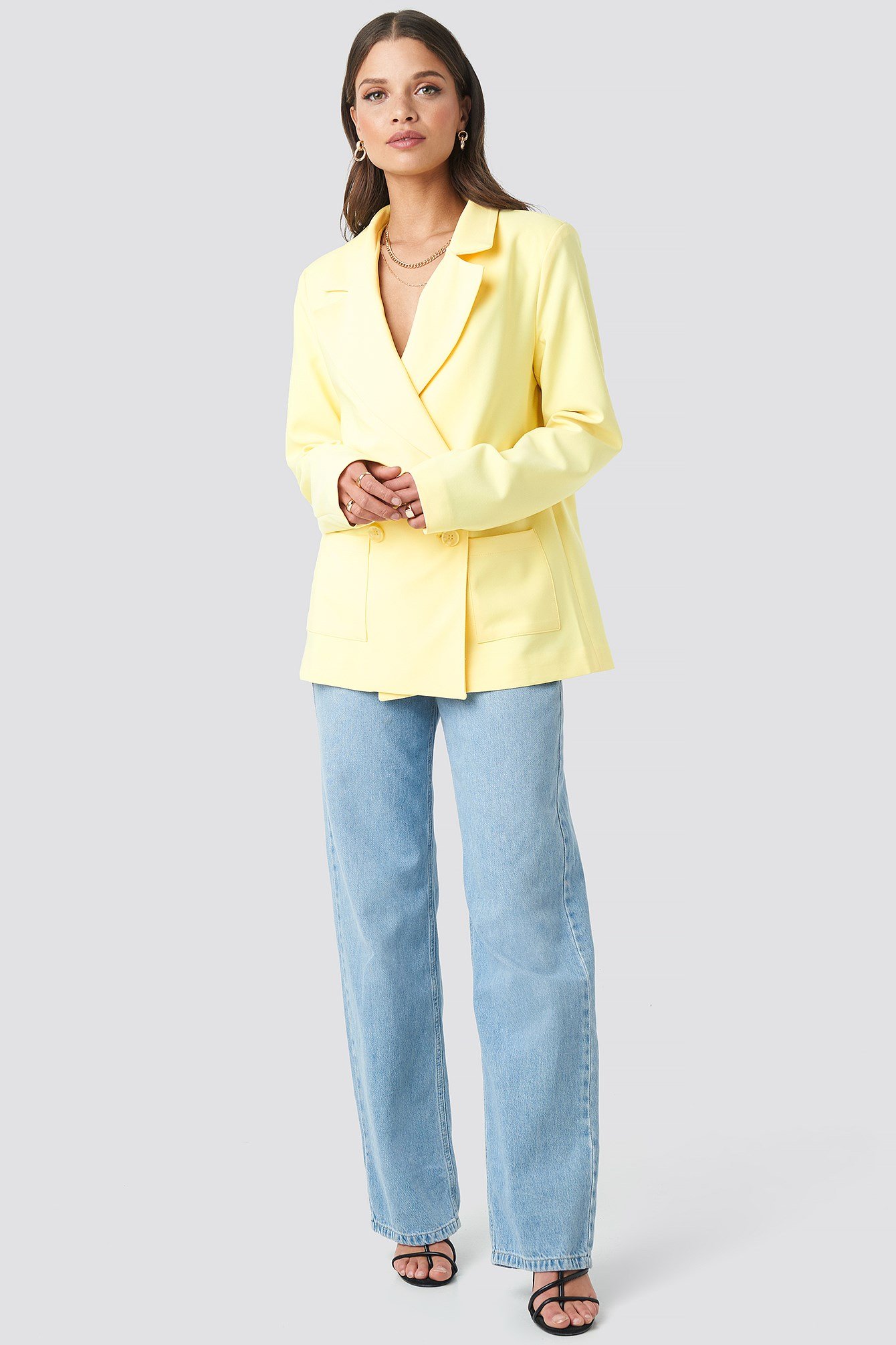 Front Pocket Oversized Blazer Yellow Outfit
