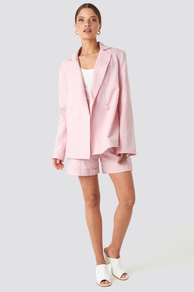 Linen Blend Loose Fitted Blazer Pink Outfit
