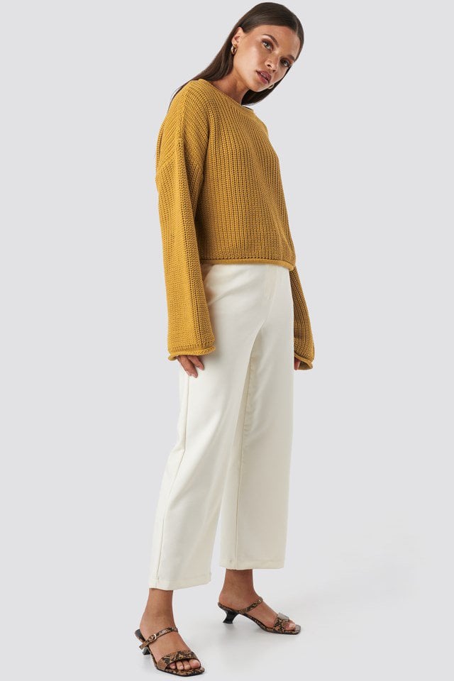 Mustard Cropped Boat Neck Knitted Sweater