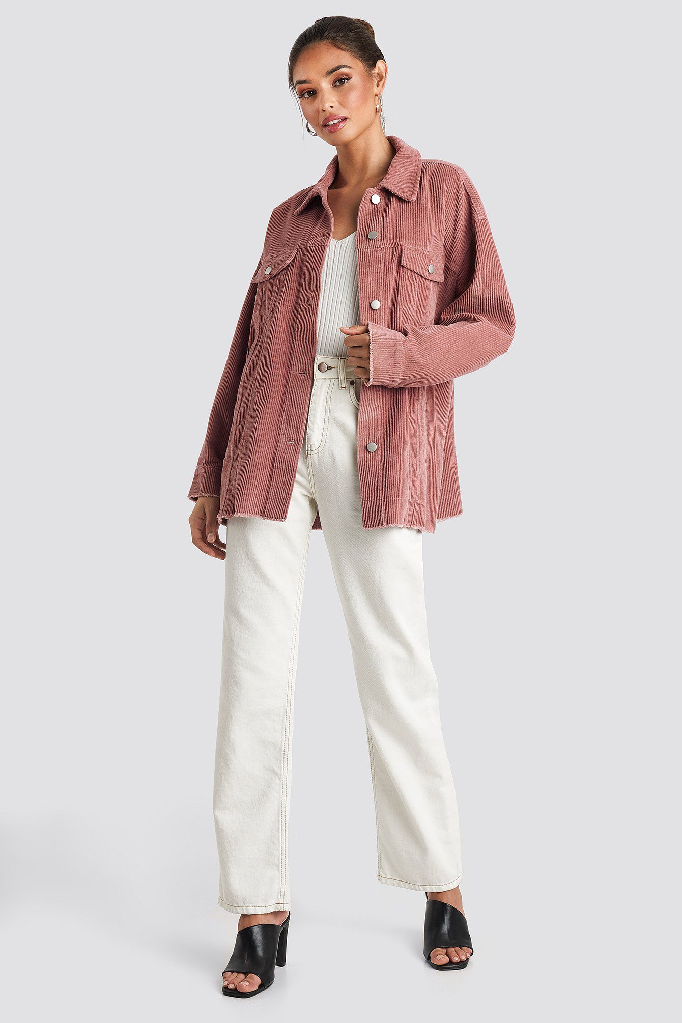 Oversized Raw Hem Corduroy Jacket Pink Outfit
