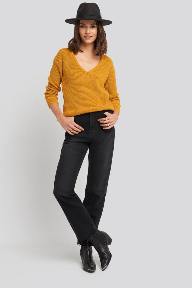 Deep Front V-neck Knitted Sweater Yellow Outfit