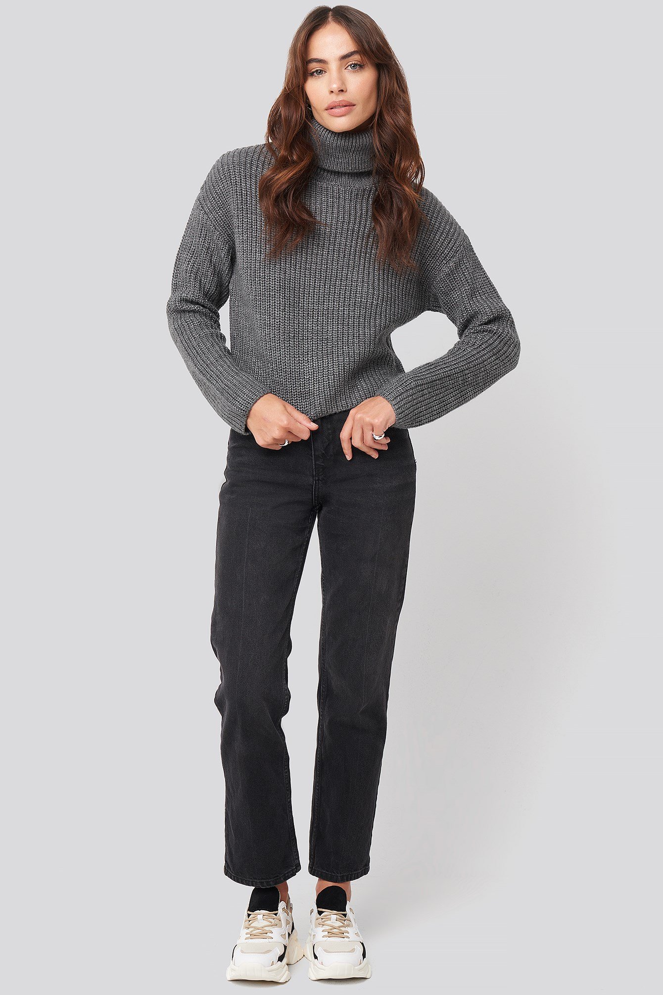 Folded Polo Neck Knitted Sweater Grey Outfit.