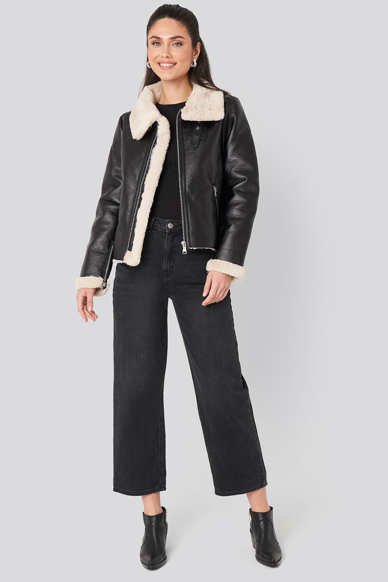 Raw Edge Cropped Aviator Jacket Black