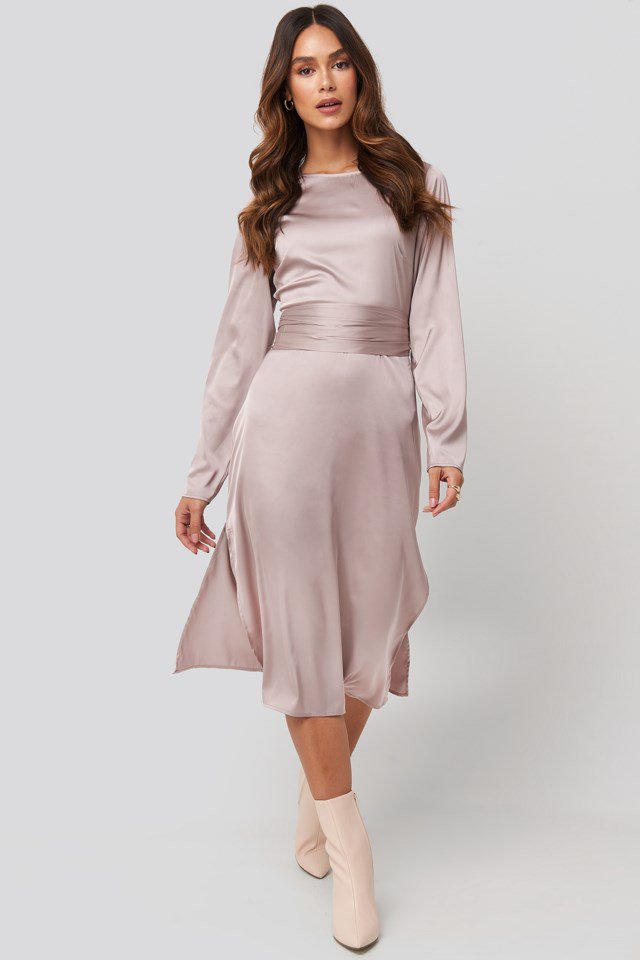 Belted Satin Midi Dress Pink | na-kd.com