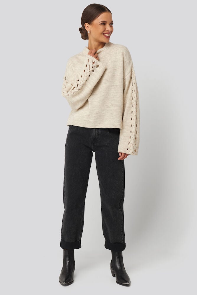 Beige Puff Sleeve Knitted Sweater