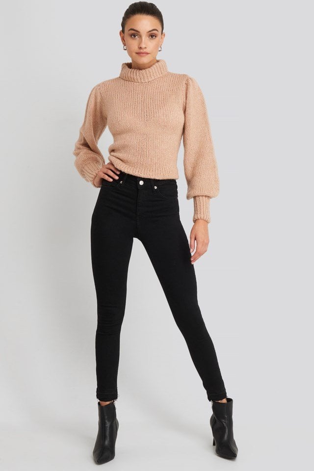 Skinny High Waist Open Hem Jeans Look