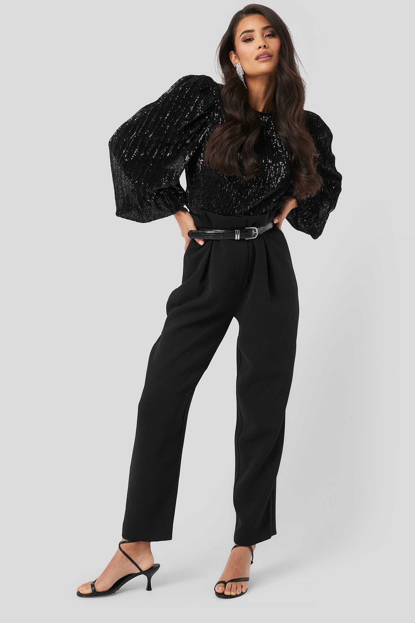 Puff Sleeeve Sequin Blouse Black Outfit