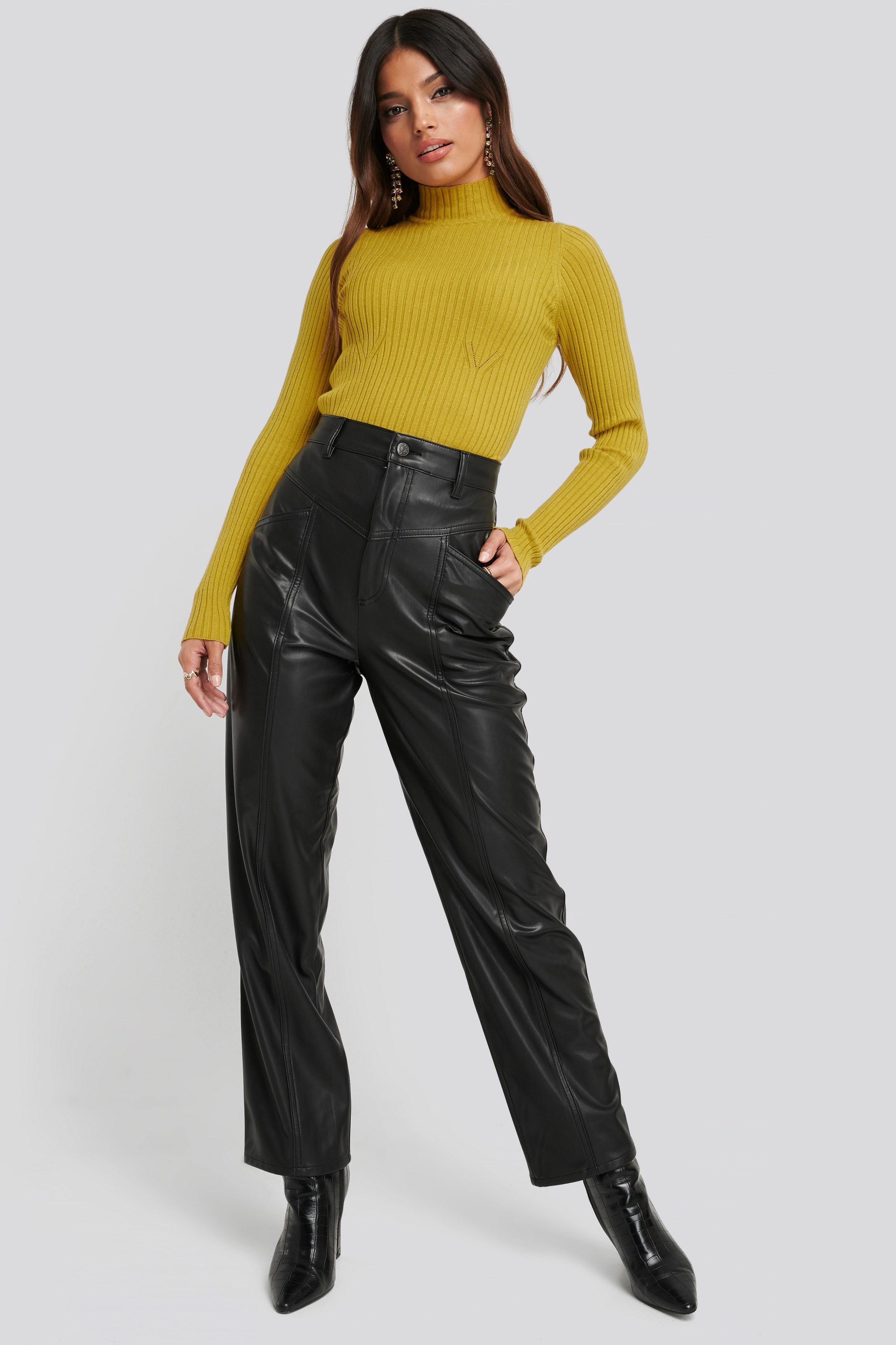 Faux Leather Straight Leg Pants Black 