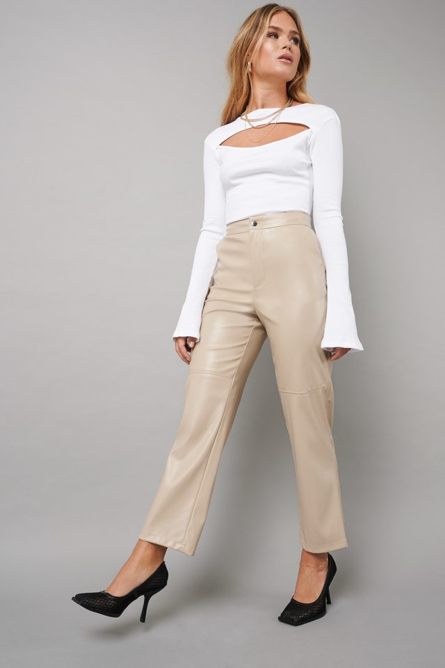 Straight Faux Leather Pants Beige | na 
