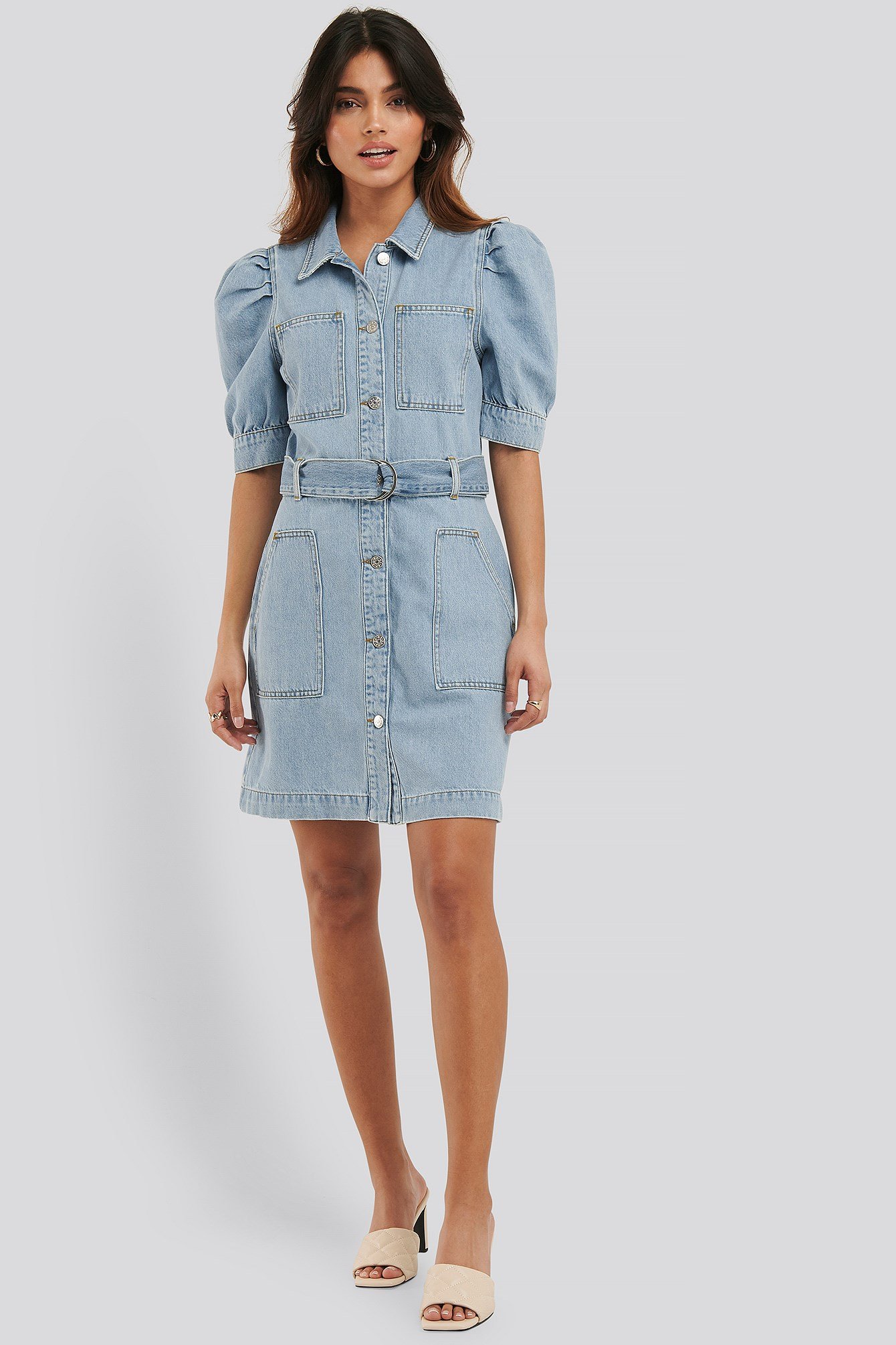 Puff Sleeve Belted Denim Dress Outfit
