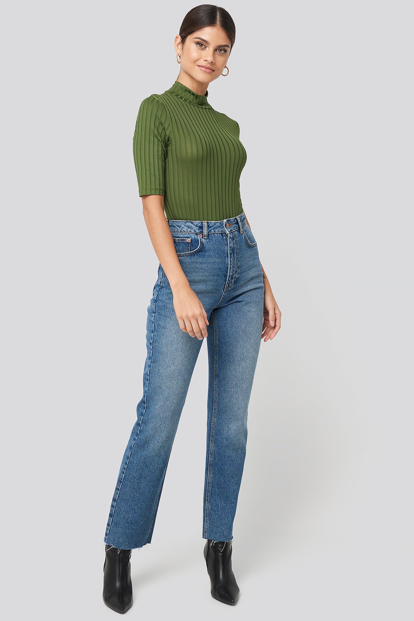 High Waist Raw Hem Straight Jeans Blue 