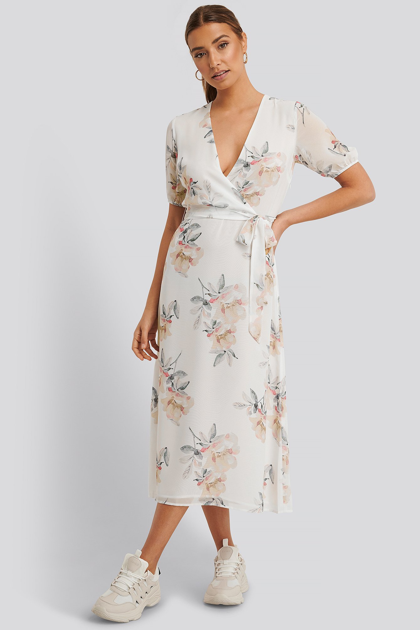 Wrap Midi Short Sleeve Dress White | na 