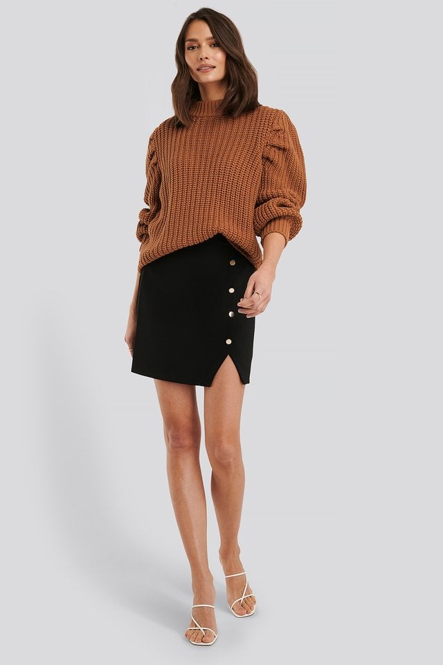 High Neck Puff Sleeve Knitted Sweater Outfit