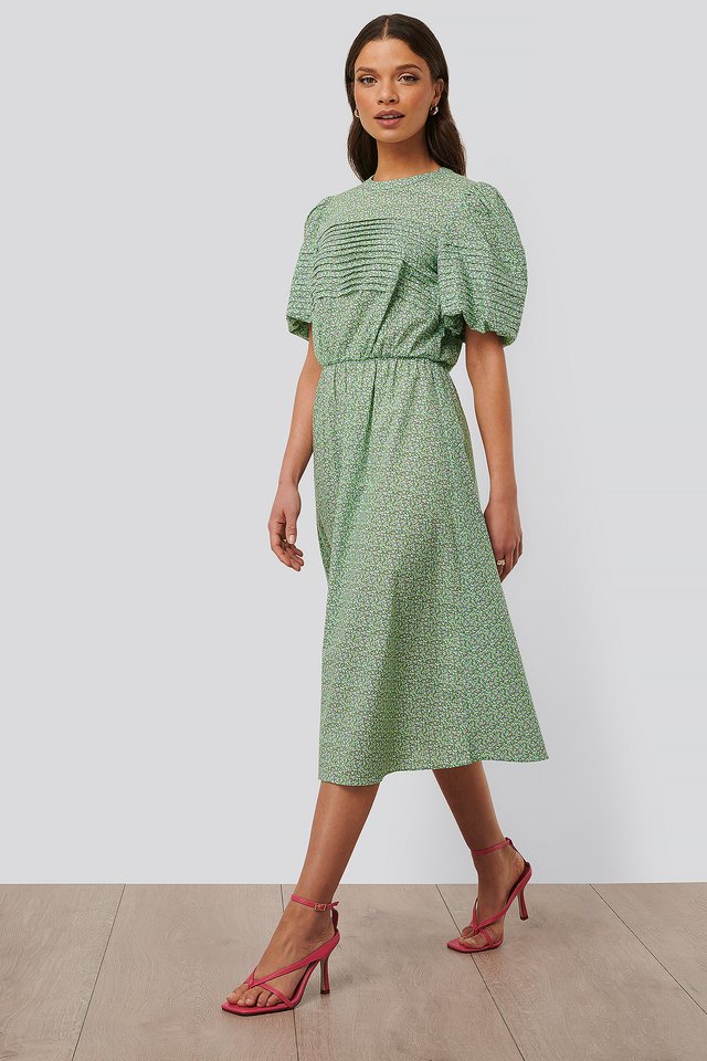 Short Puff Sleeve Midi Dress Green | na-kd.com