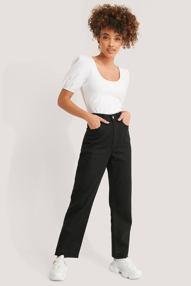 Ribbed Puff Sleeve Button Top Outfit