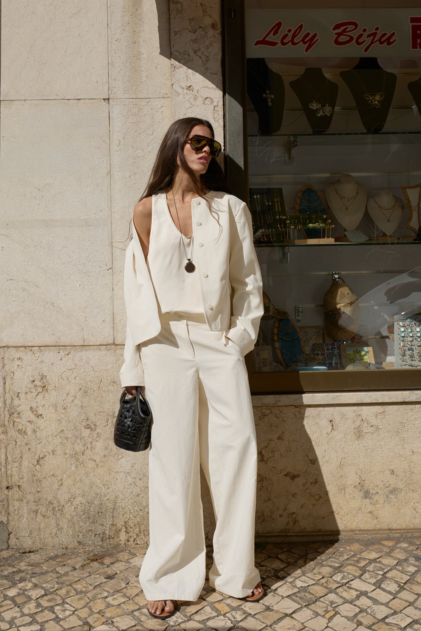 Pantalón de algodón recto de tiro medio - Pantalones rectos - Offwhite - EU 32 - NA-KD / NAKD