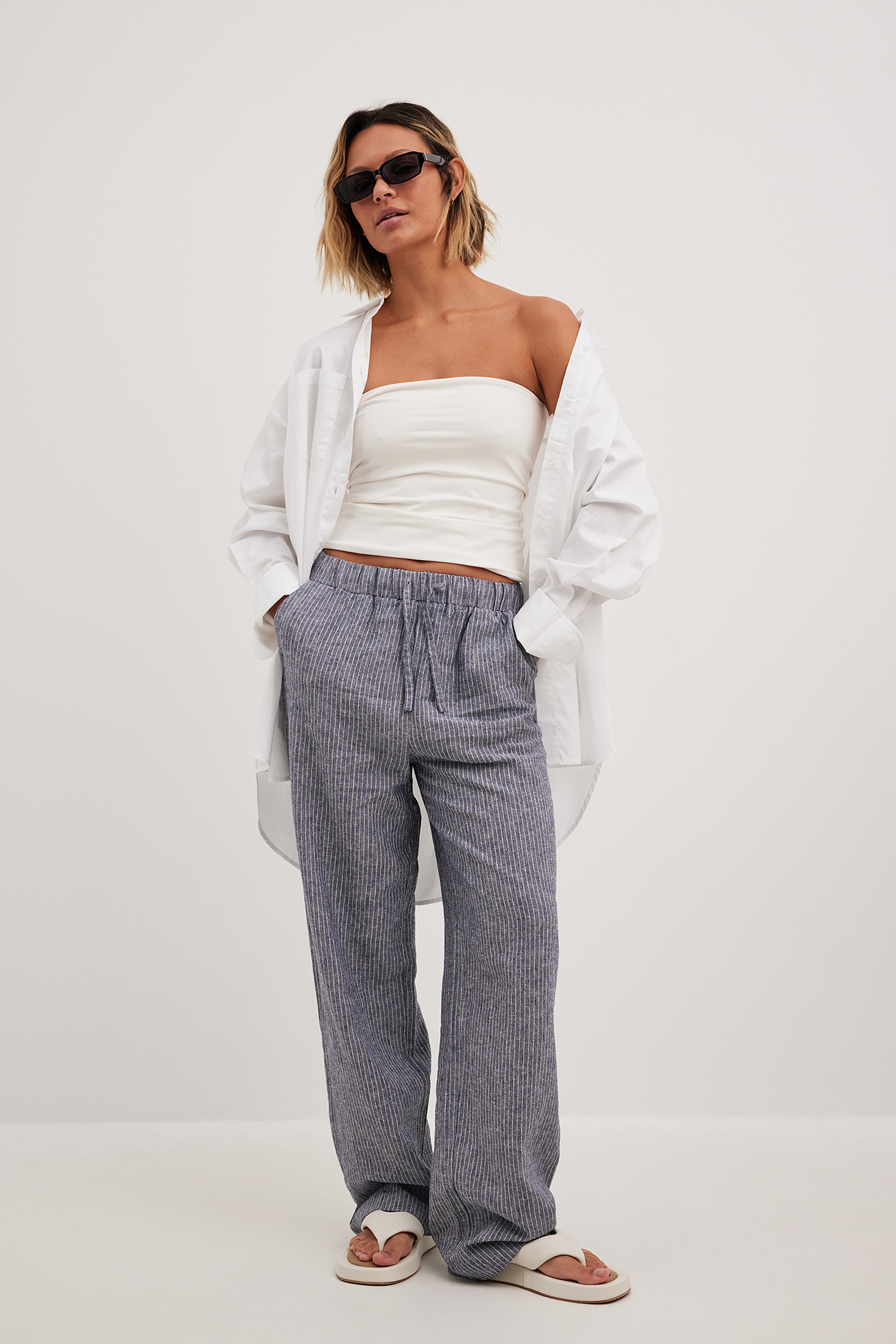 Pantalon De Travail Femme Jambe Large - Coton & Lin - Ceinture élastique, Poches - Style Décontracté Tendance