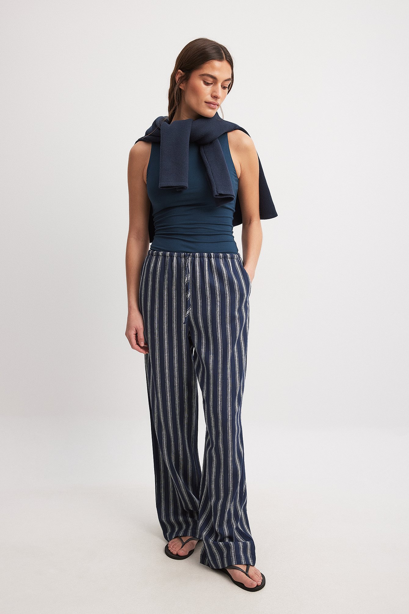 Claire Rose x NA-KD Linen Blend Striped Pants - Linen Trousers - Navy,Stripe - EU 40 - NA-KD / NAKD