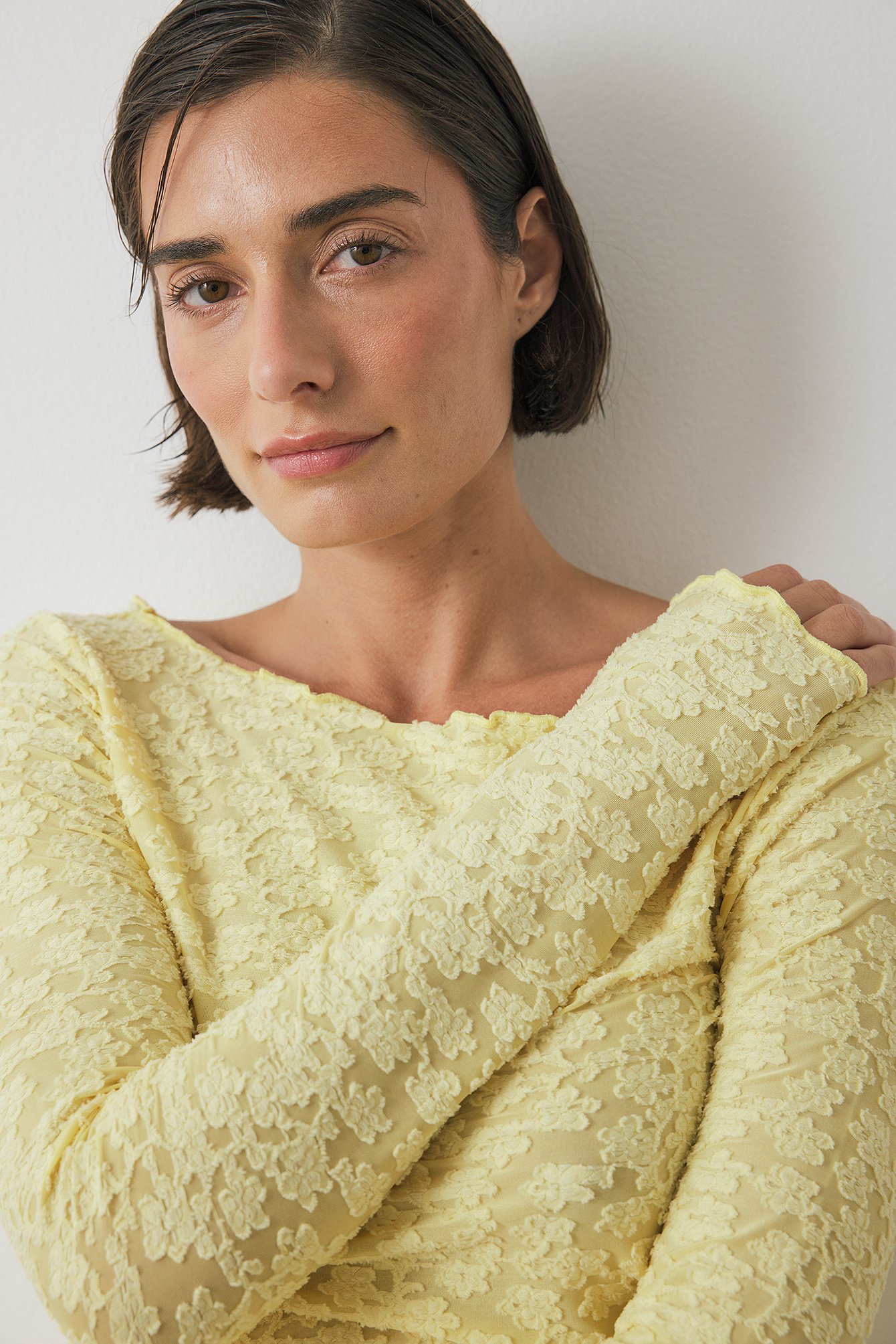 NA-KD Structured Boat Neck Top - Long Sleeve Tops - Yellow - XL (EU 46) - NA-KD / NAKD