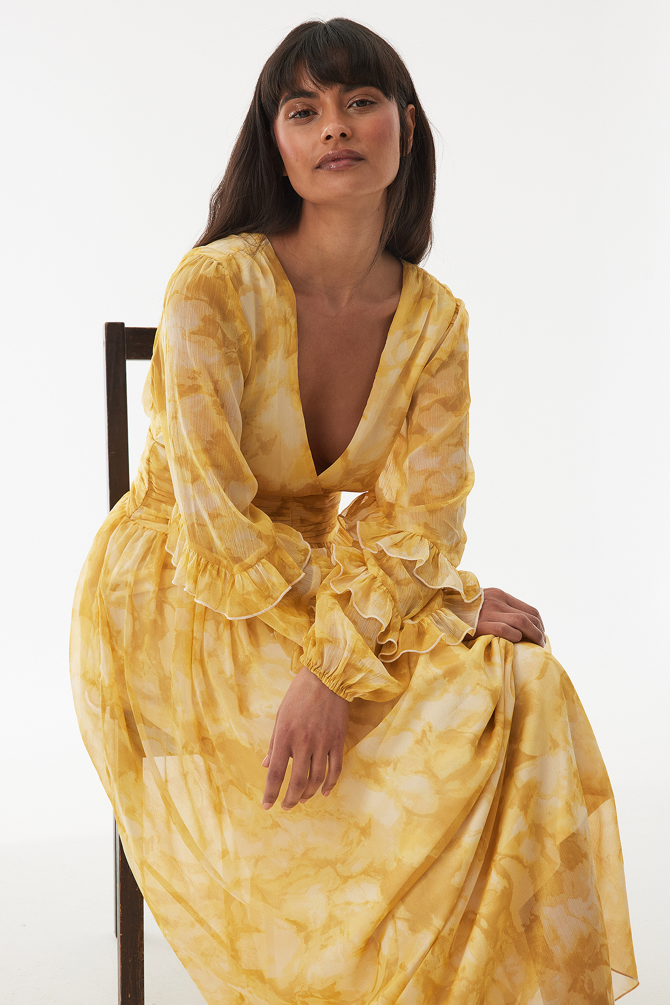 slim fit dress slacks Nicolette Lemon Square-Neck Maxi Dress With Ruched-Detailing – Club L  London main image 1