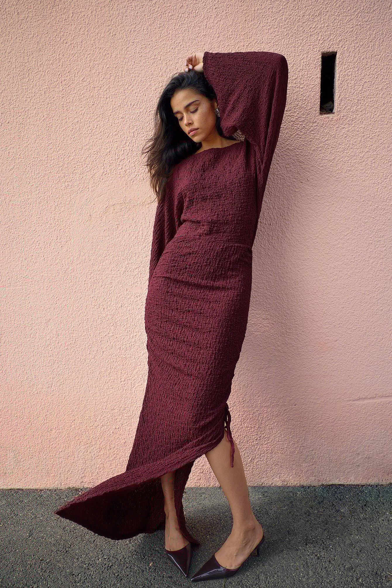 NA-KD Gestructureerde maxi-jurk met trekkoord - Maxi jurken met lange mouwen - Bordeauxrood - EU 32 - NA-KD / NAKD