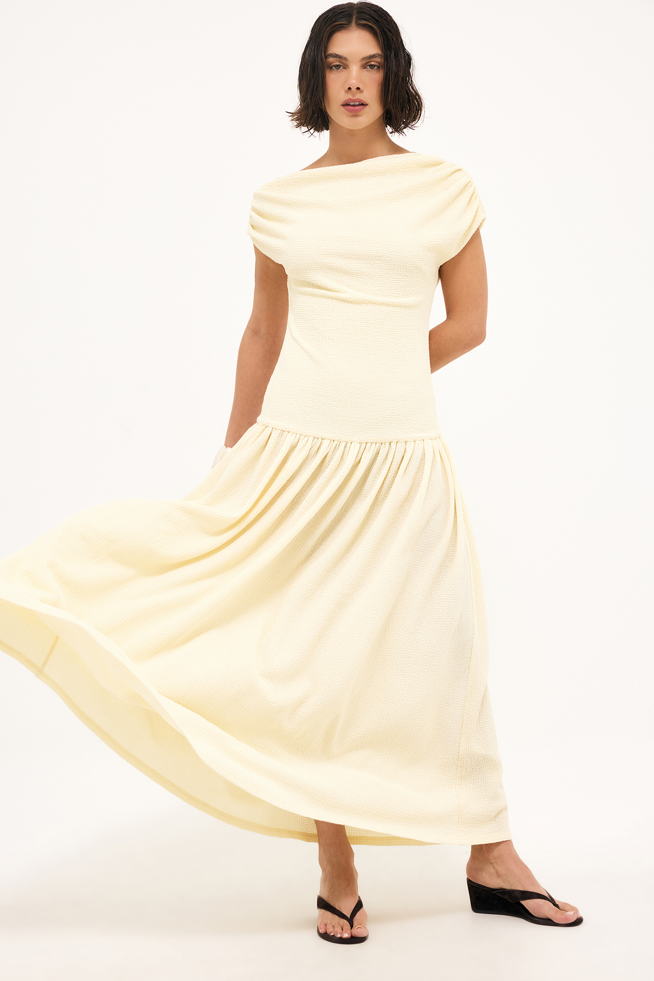 Light Yellow Structured Dropped Waist Maxi Dress