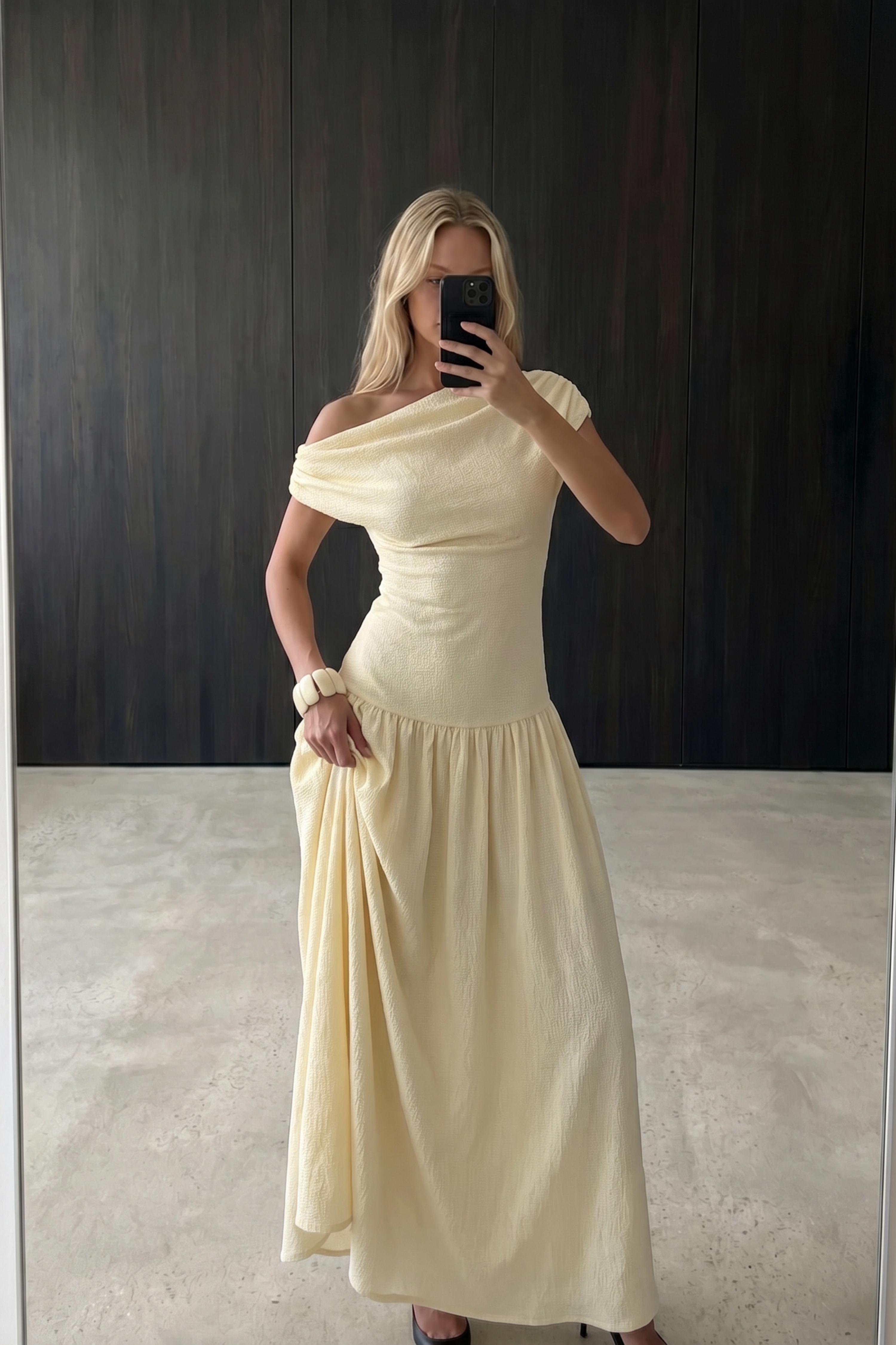 Light Yellow Structured Dropped Waist Maxi Dress