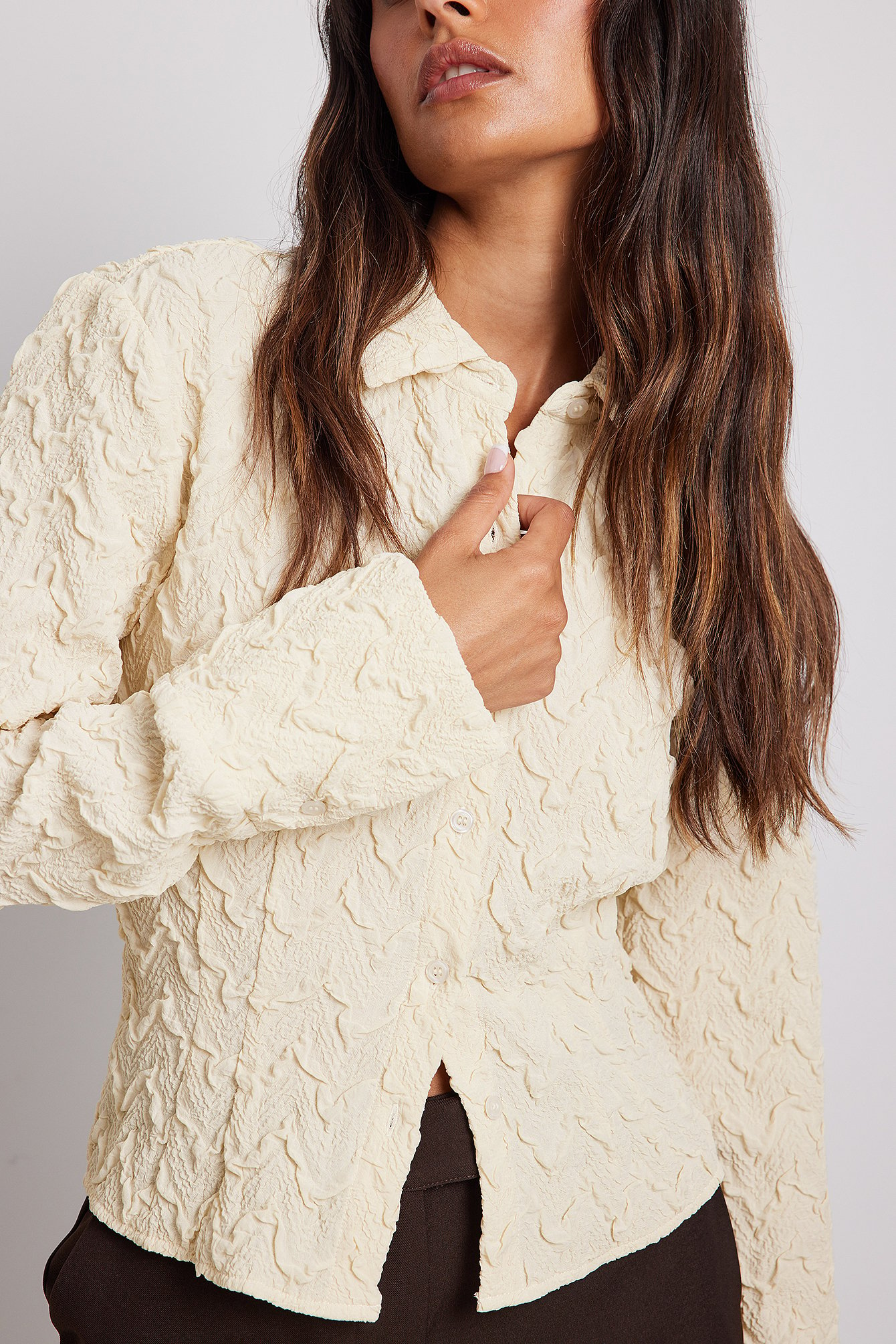 Cream Structured Fitted Long Sleeve Shirt