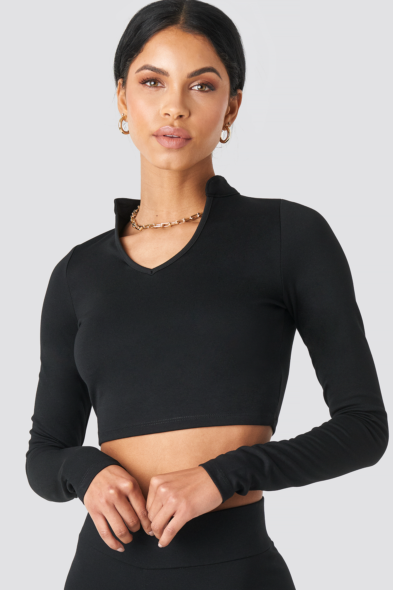W Collar Long Sleeve Top Black