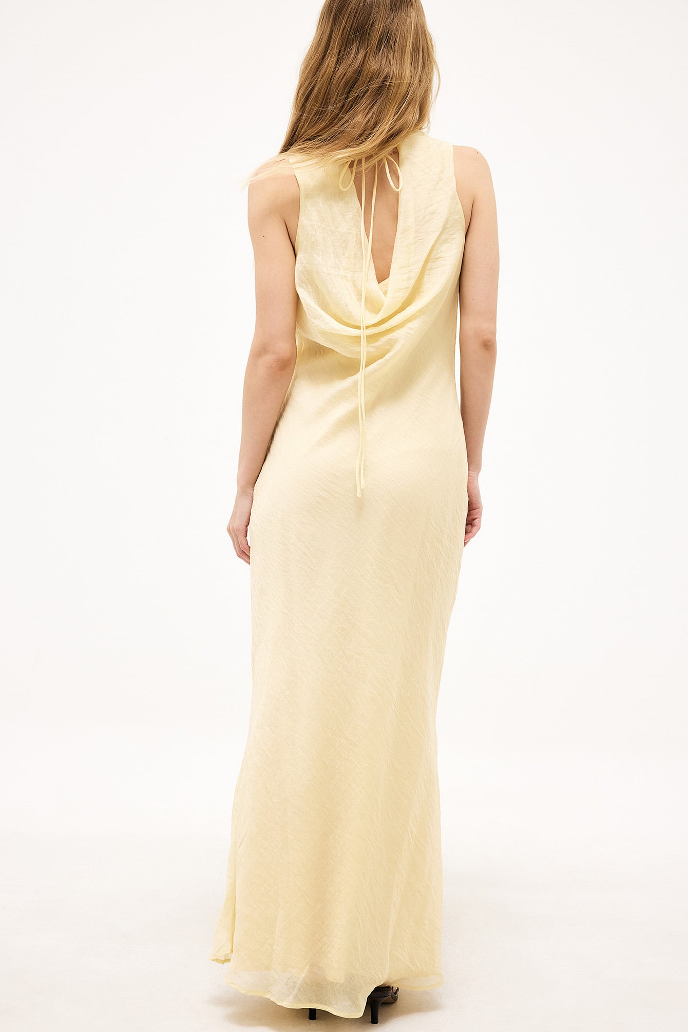 Light Yellow Tencel Crinkle Waterfall Midi Dress