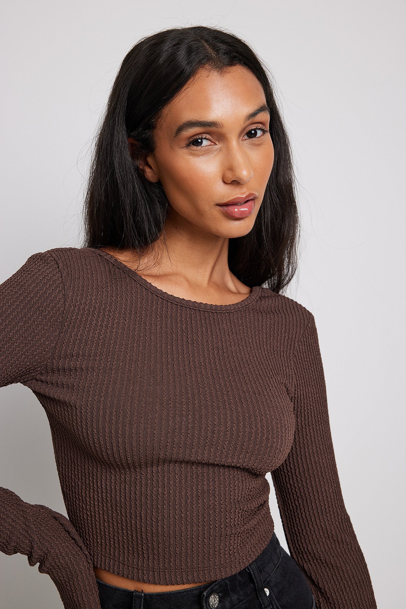 Chocolate Brown Textured Long Sleeve Jersey Top