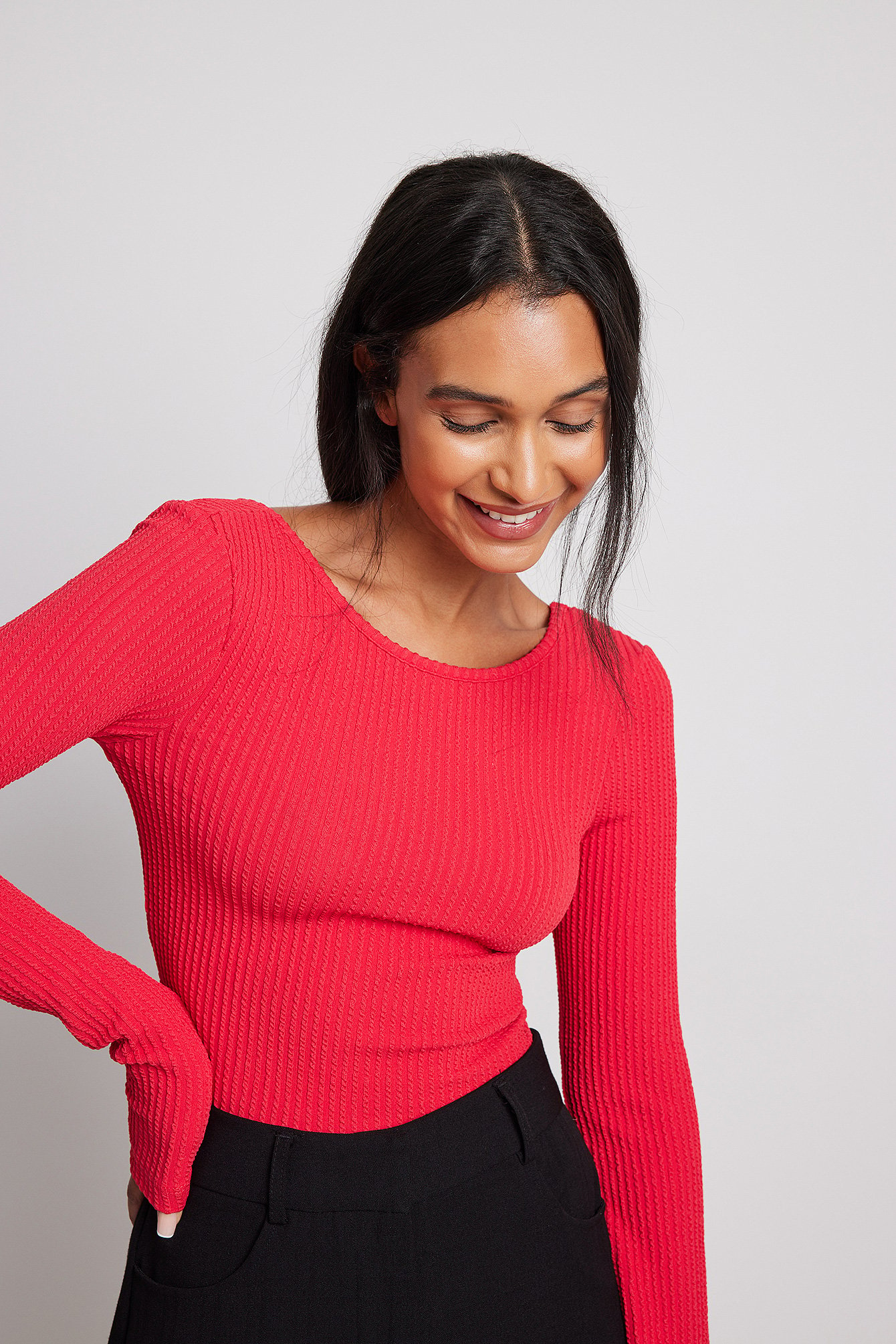 Textured Long Sleeve Jersey Top Red | NA-KD