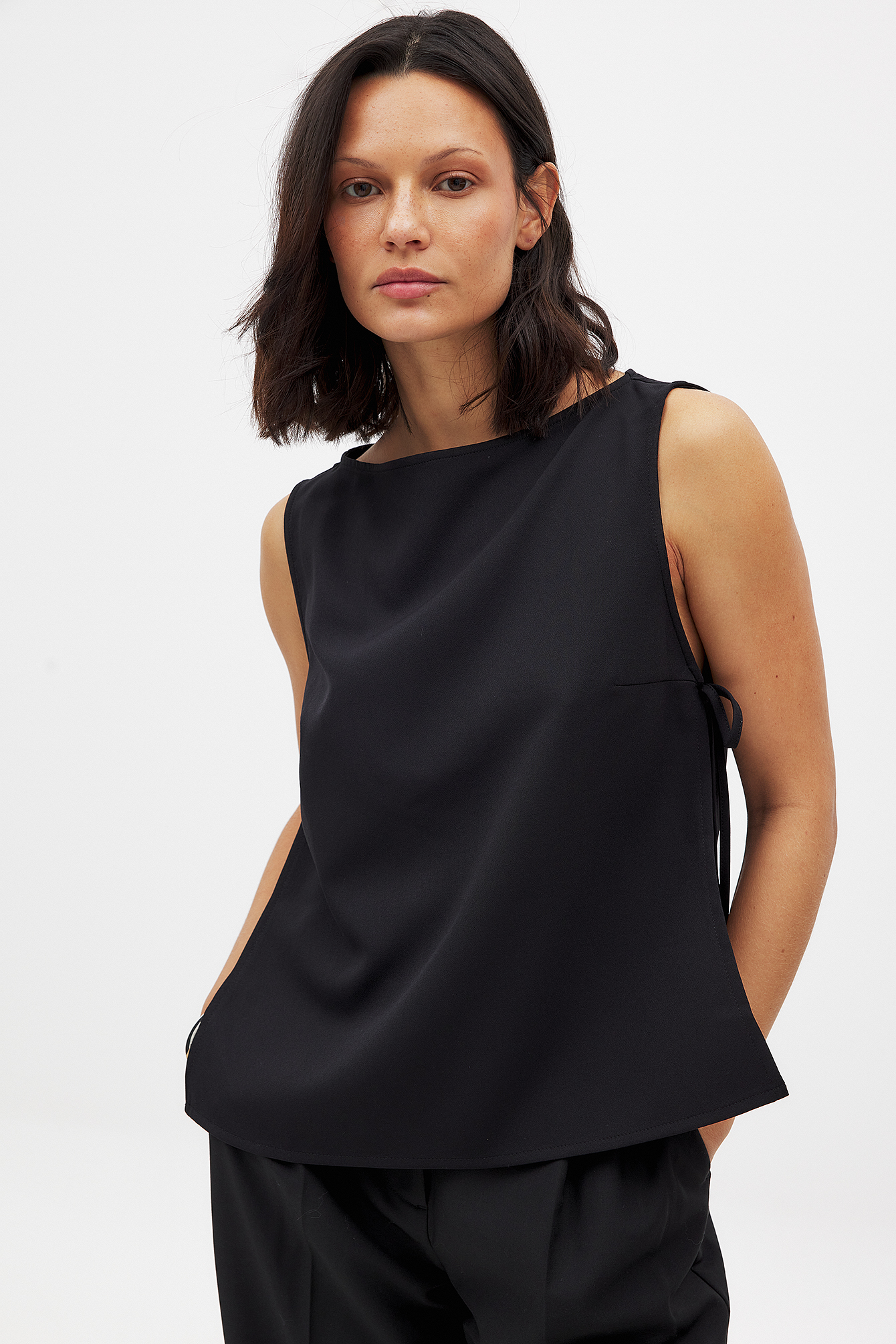 NA-KD Tie Detail Boat Neck Top - Tie Front Tops - Black - EU 40 - NA-KD / NAKD