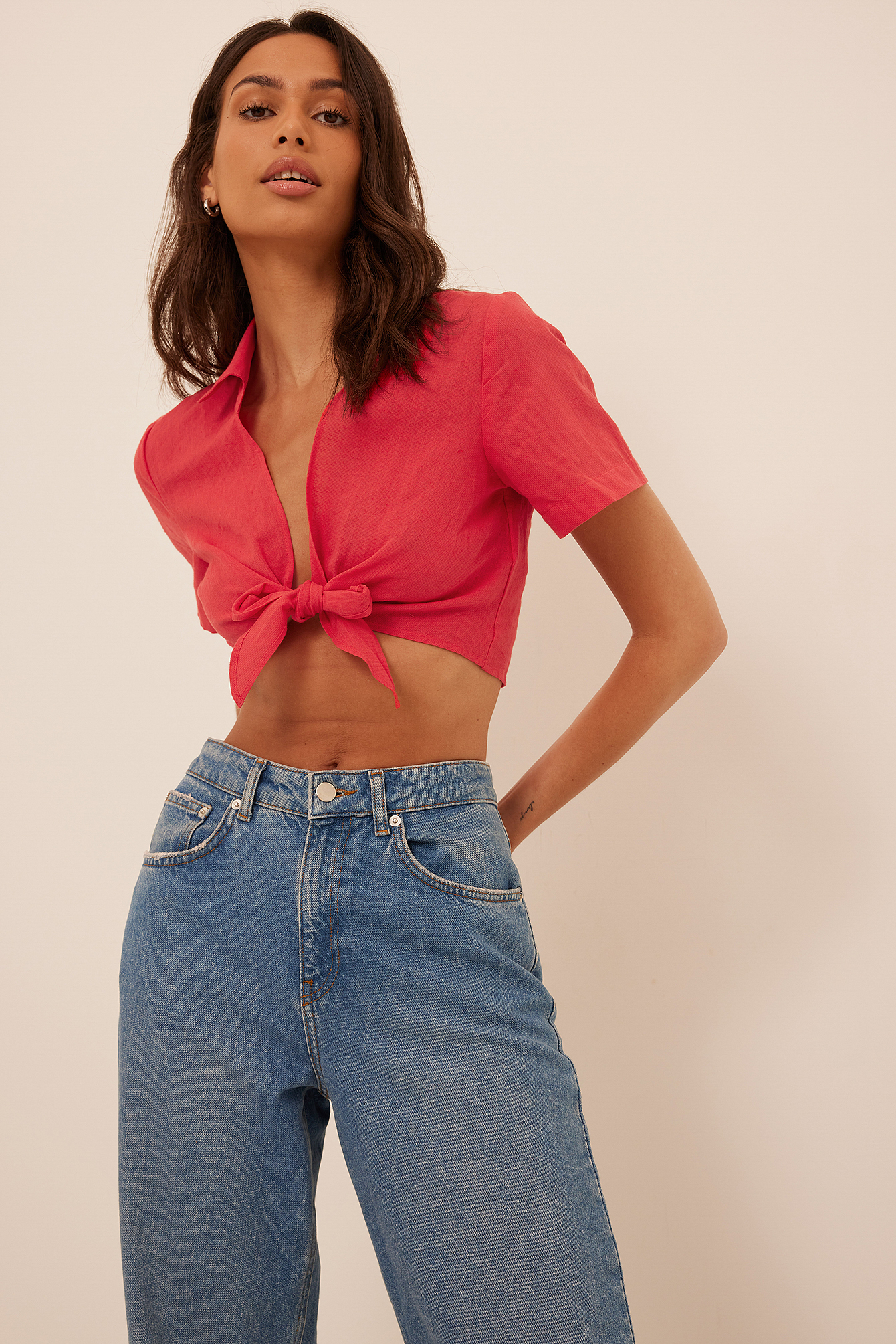 Tie Front Linen Blend Shirt Red | na-kd.com