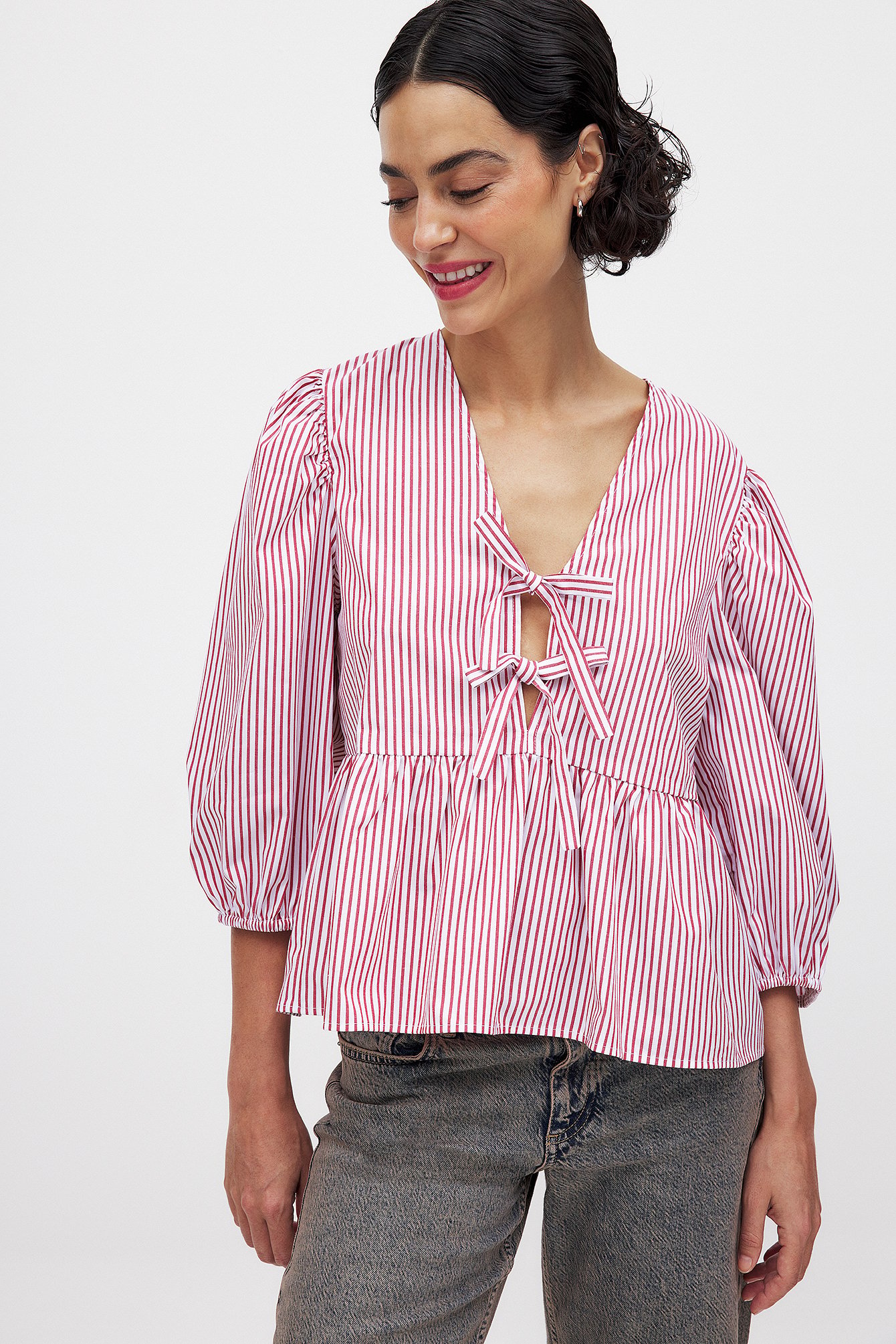 NA-KD Tie Front Puff Sleeve Blouse - - Rouge,Stripe - EU 34 - NA-KD / NAKD