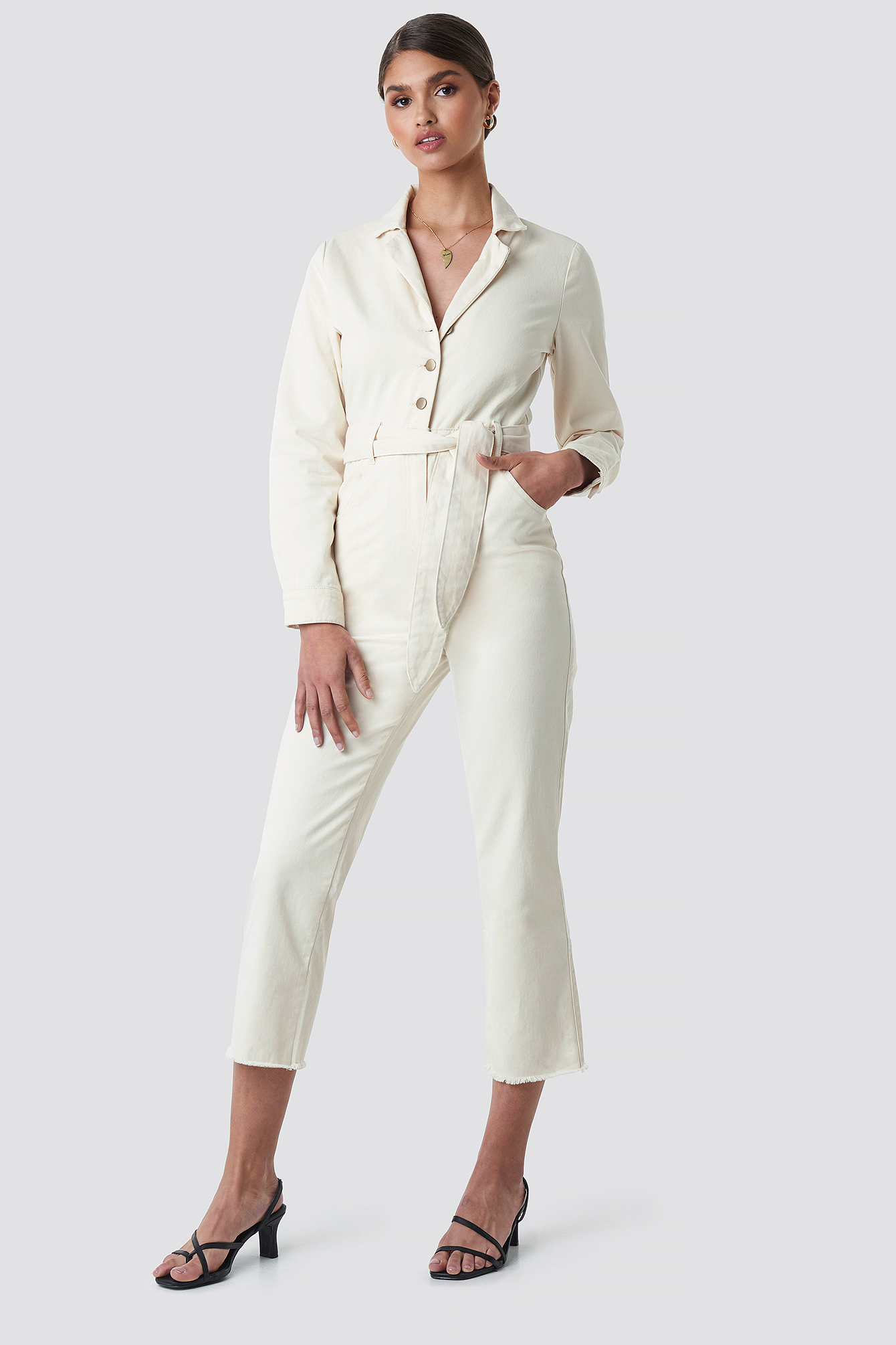 Front Tie Denim Jumpsuit Off White