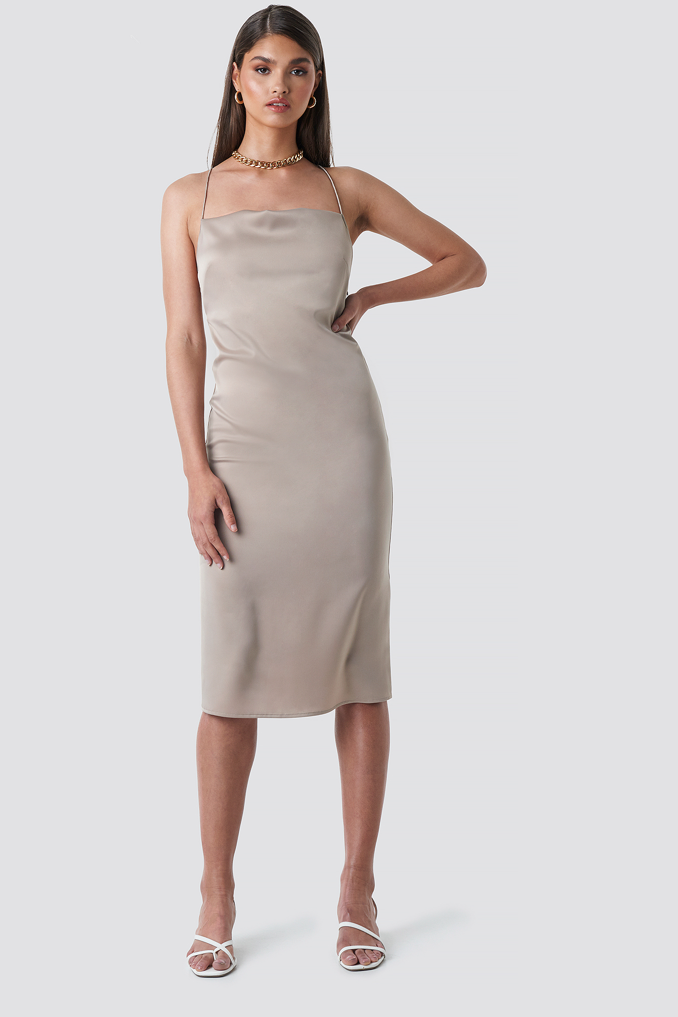 Cowl Neck Satin Midi Dress Taupe