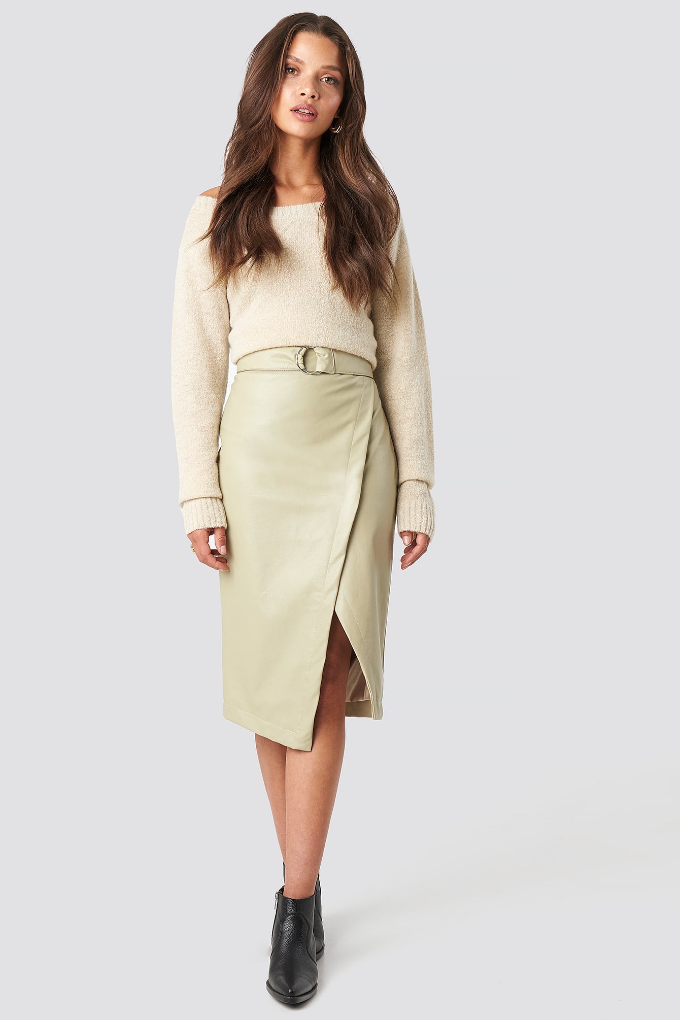 Overlapped Faux Leather Midi Skirt Beige