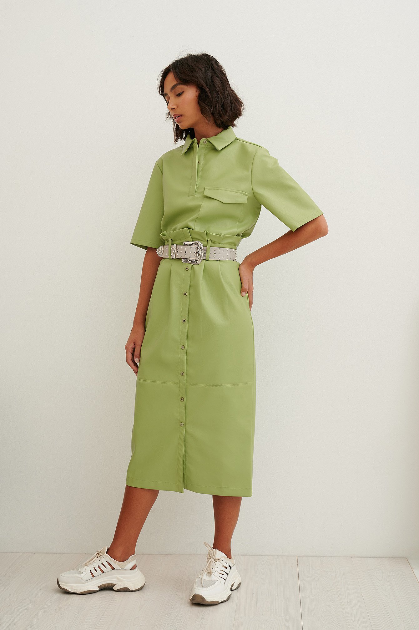 Green Spódnica Midi Paperwaist Ze Sztucznej Skóry