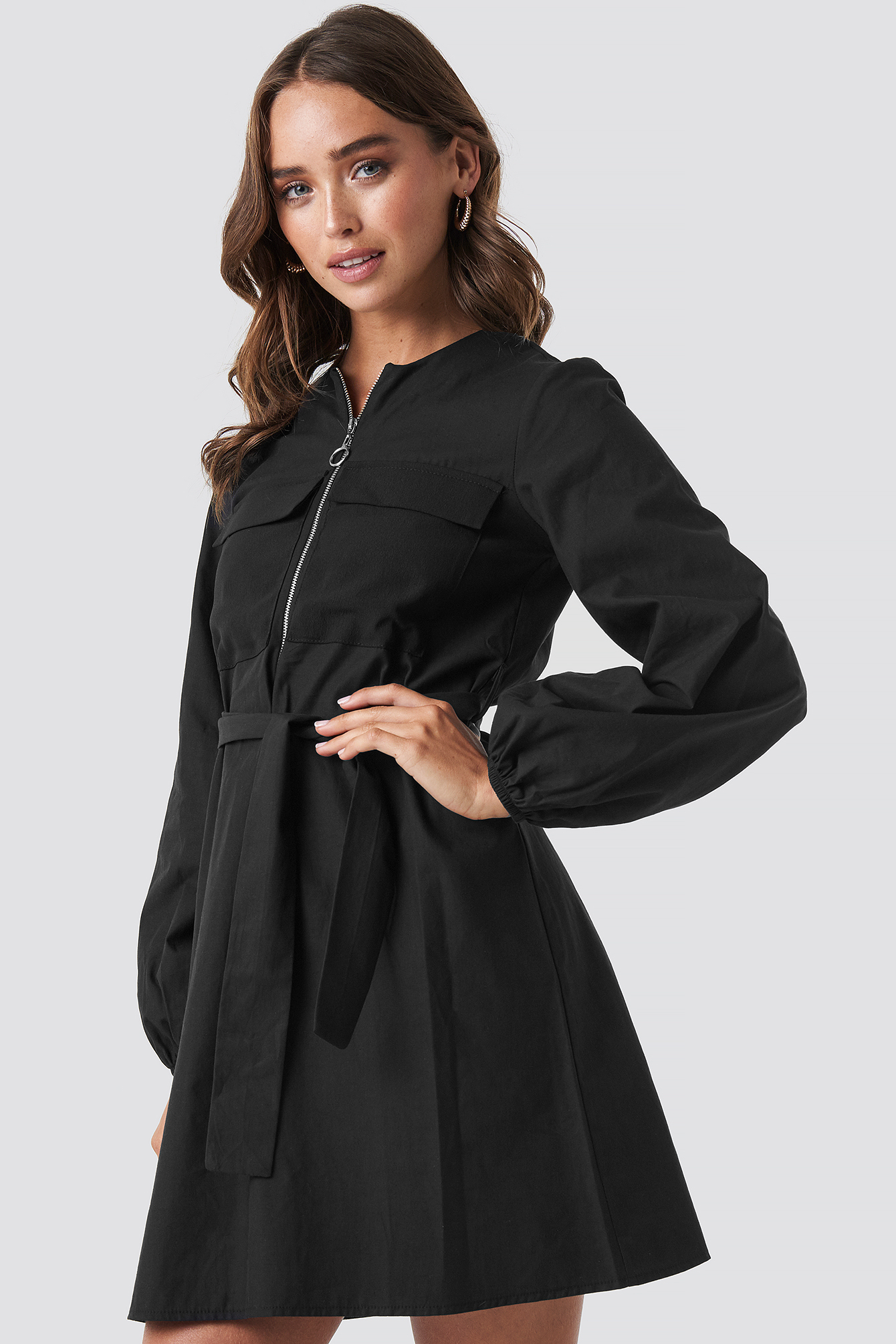 Zipper Detailed Dress Zwart