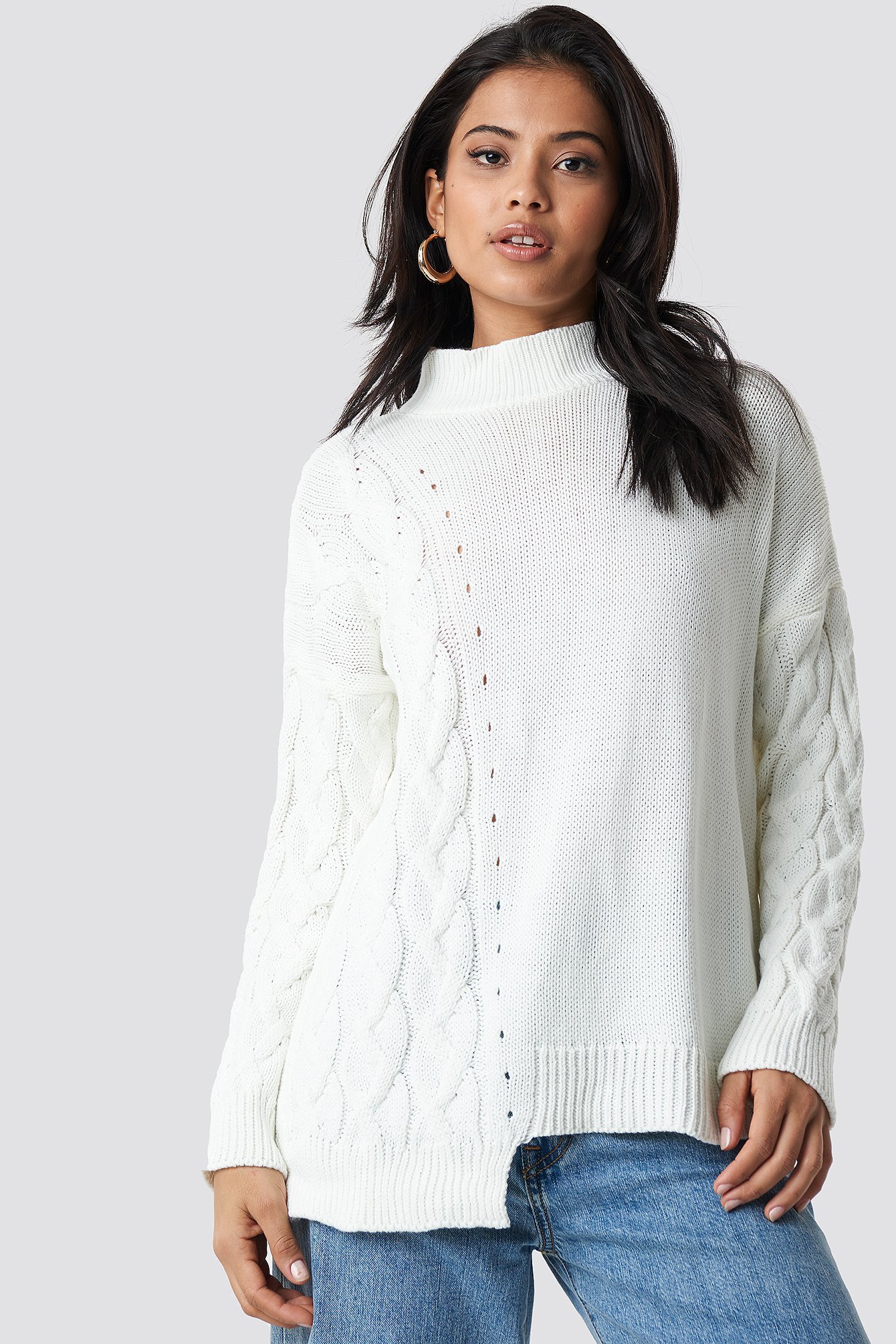 Ecru Asymmetric Detailed Knitted Sweater