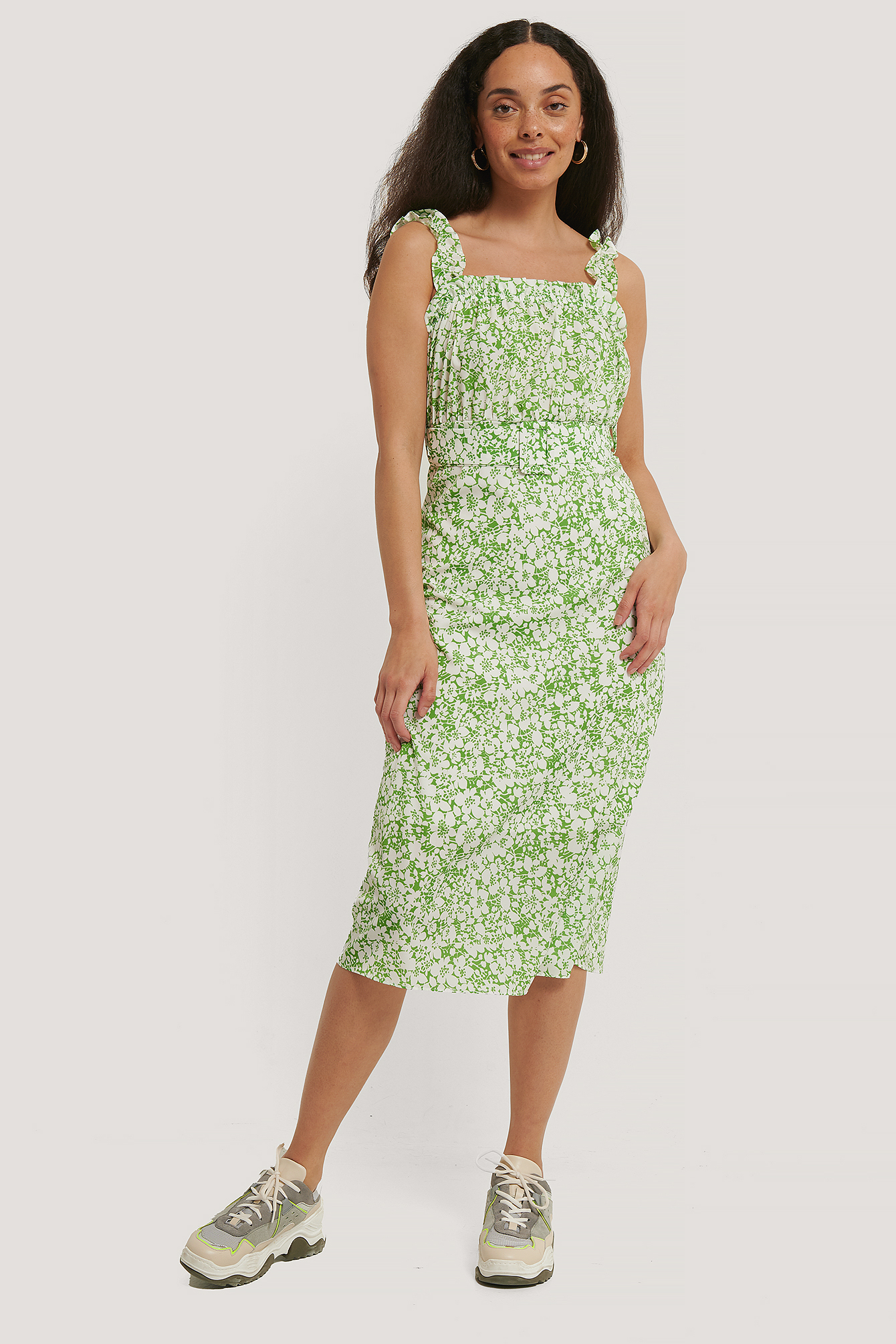 Belt Ruffle Detailed Patterned Dress Green