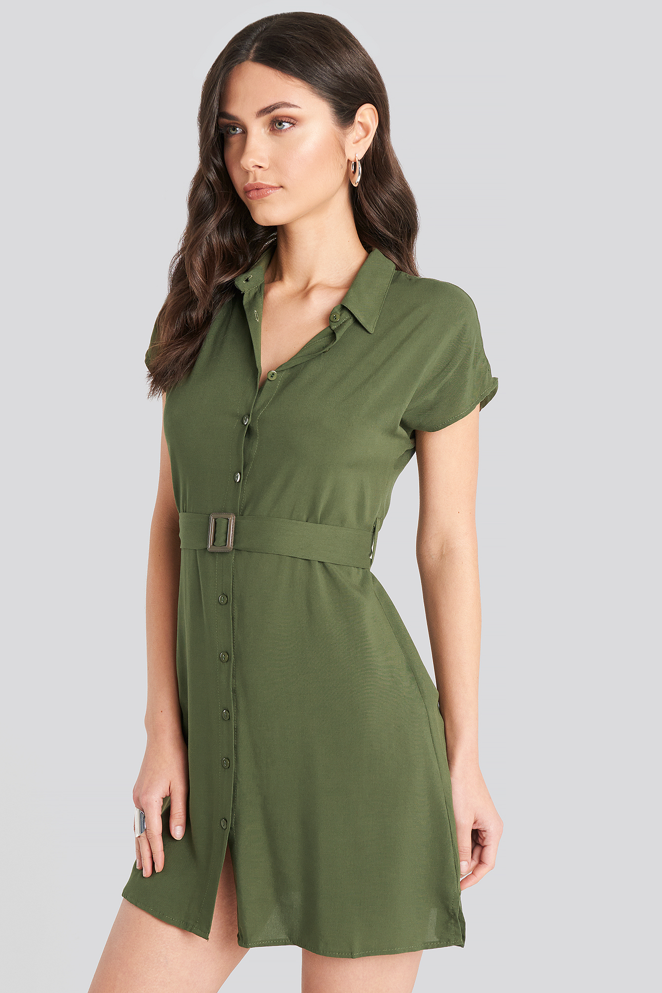 Belted Shirt Mini Dress Khaki