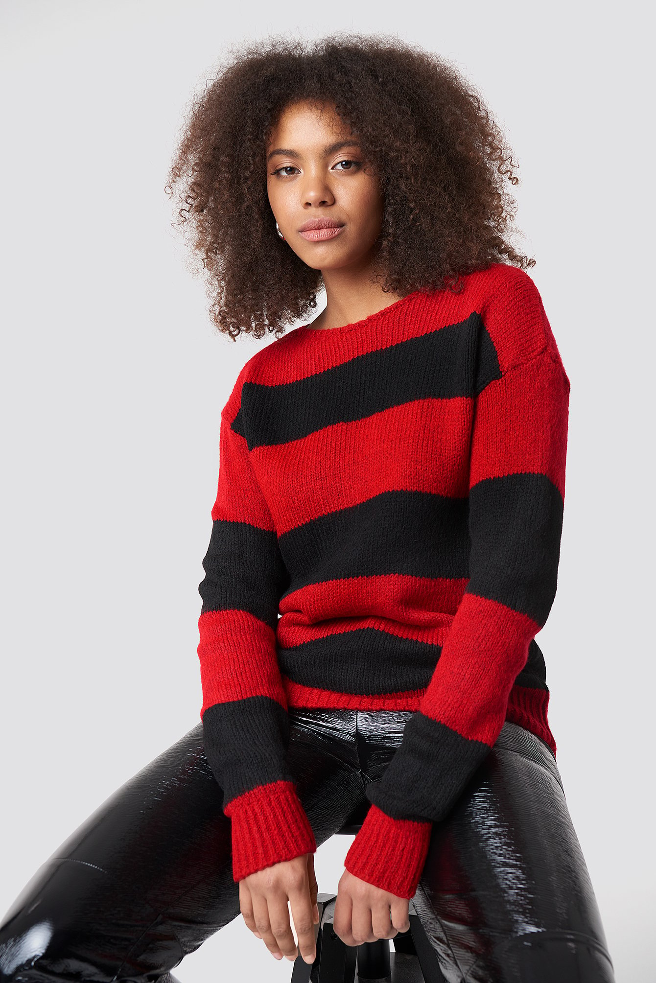 Block Stripe Wide Neck Sweater Red | na-kd.com